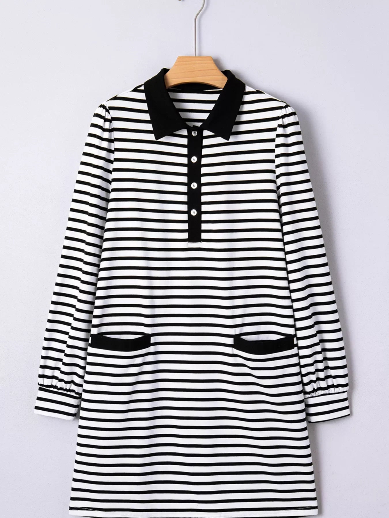 Stripe Buttoned Front Collared Long Sleeve T Shirt Dress with Pockets