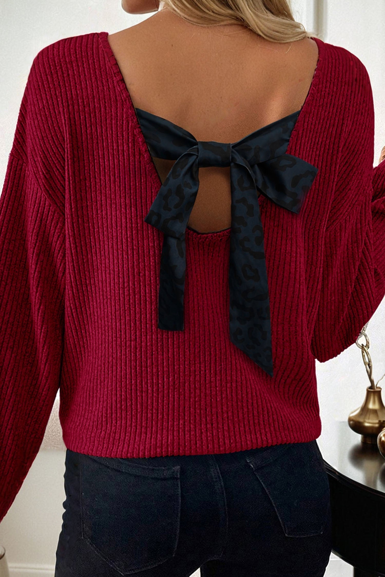 Bow Tie Back Ribbed Long Sleeve V-Neck Top