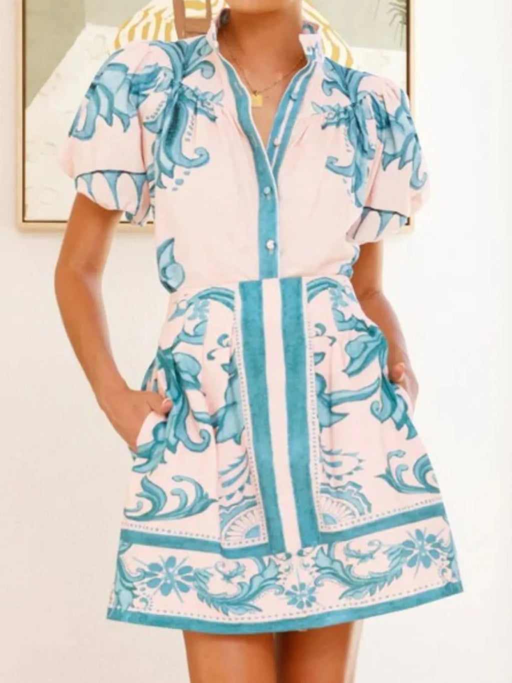 Puff Sleeve Printed Top and Zip Back Skirt Set