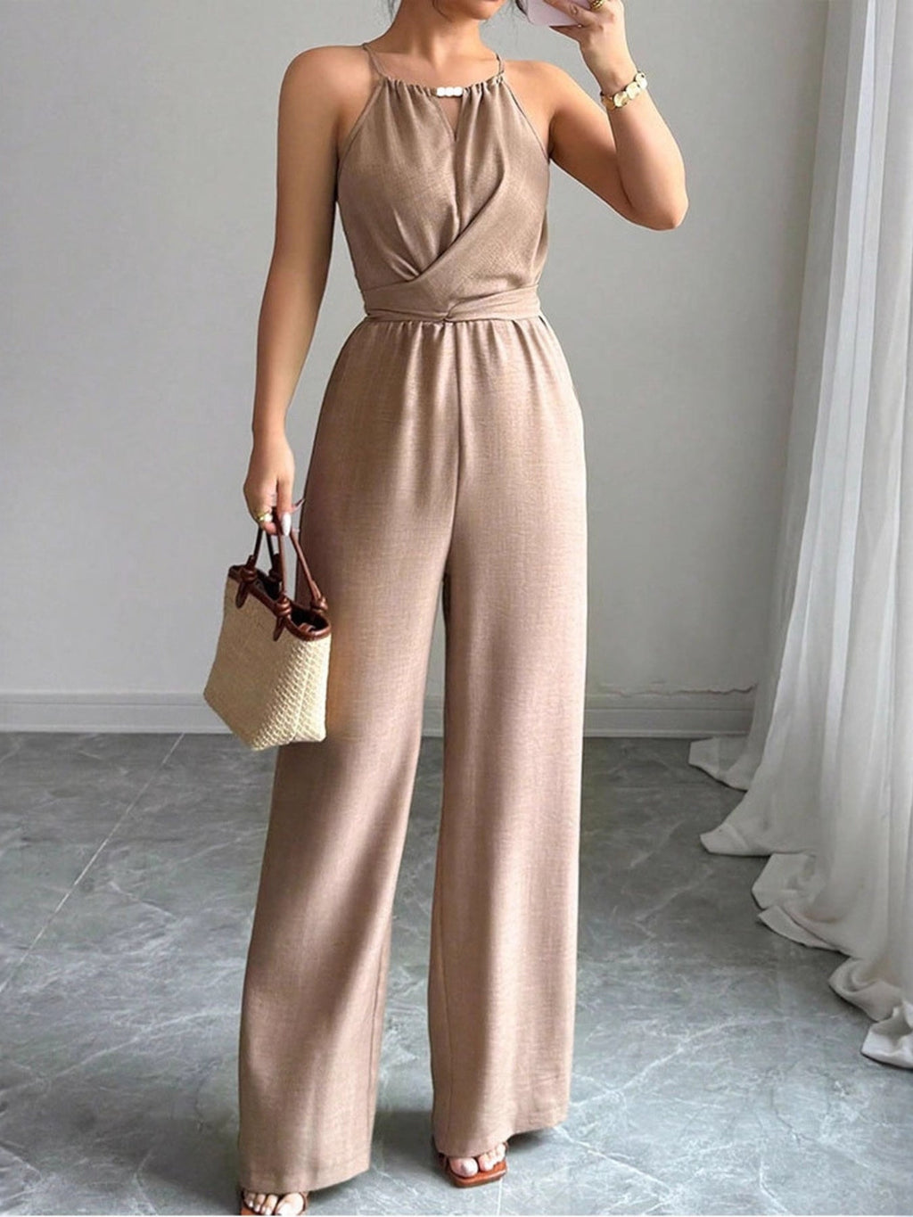 Sleeveless Tie Waist Wide Leg Jumpsuit