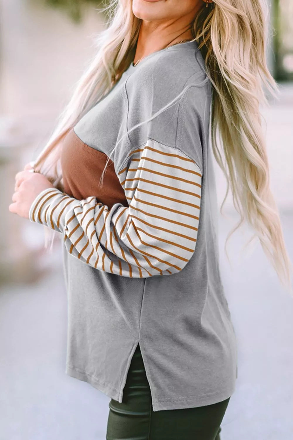 Colorblock Striped Bishop Sleeve Top