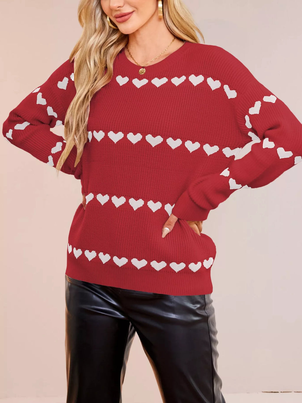Heart Pattern Dropped Shoulder Sweater