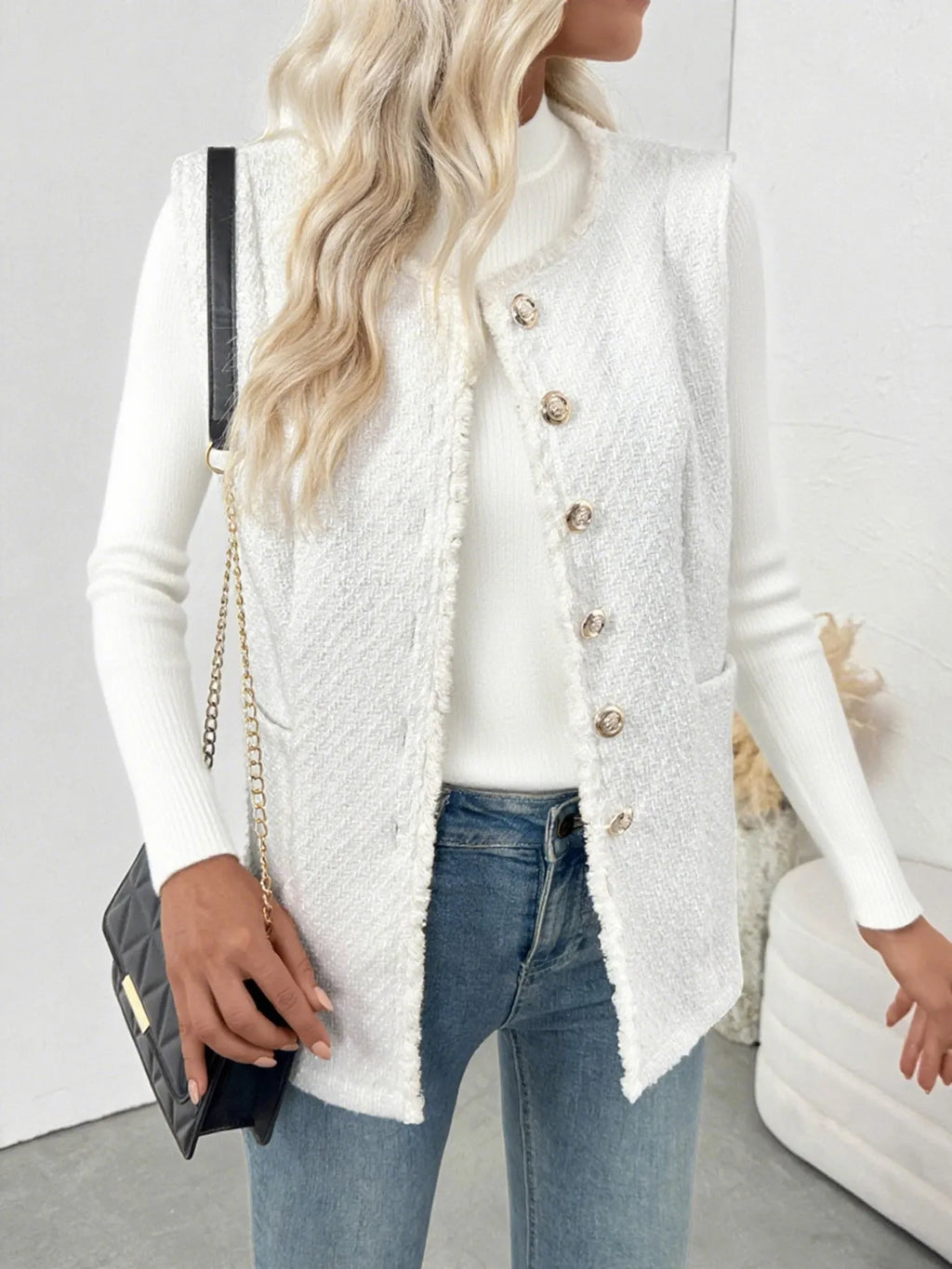Textured Button-Front Vest with Raw Edge