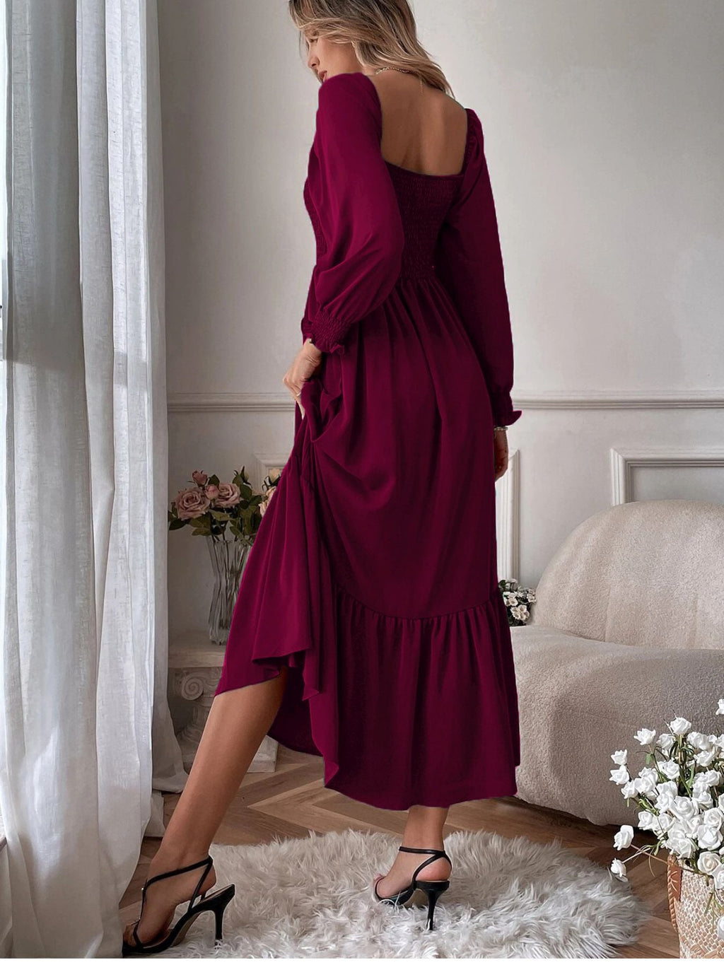 Smocked Long Sleeve Midi Dress