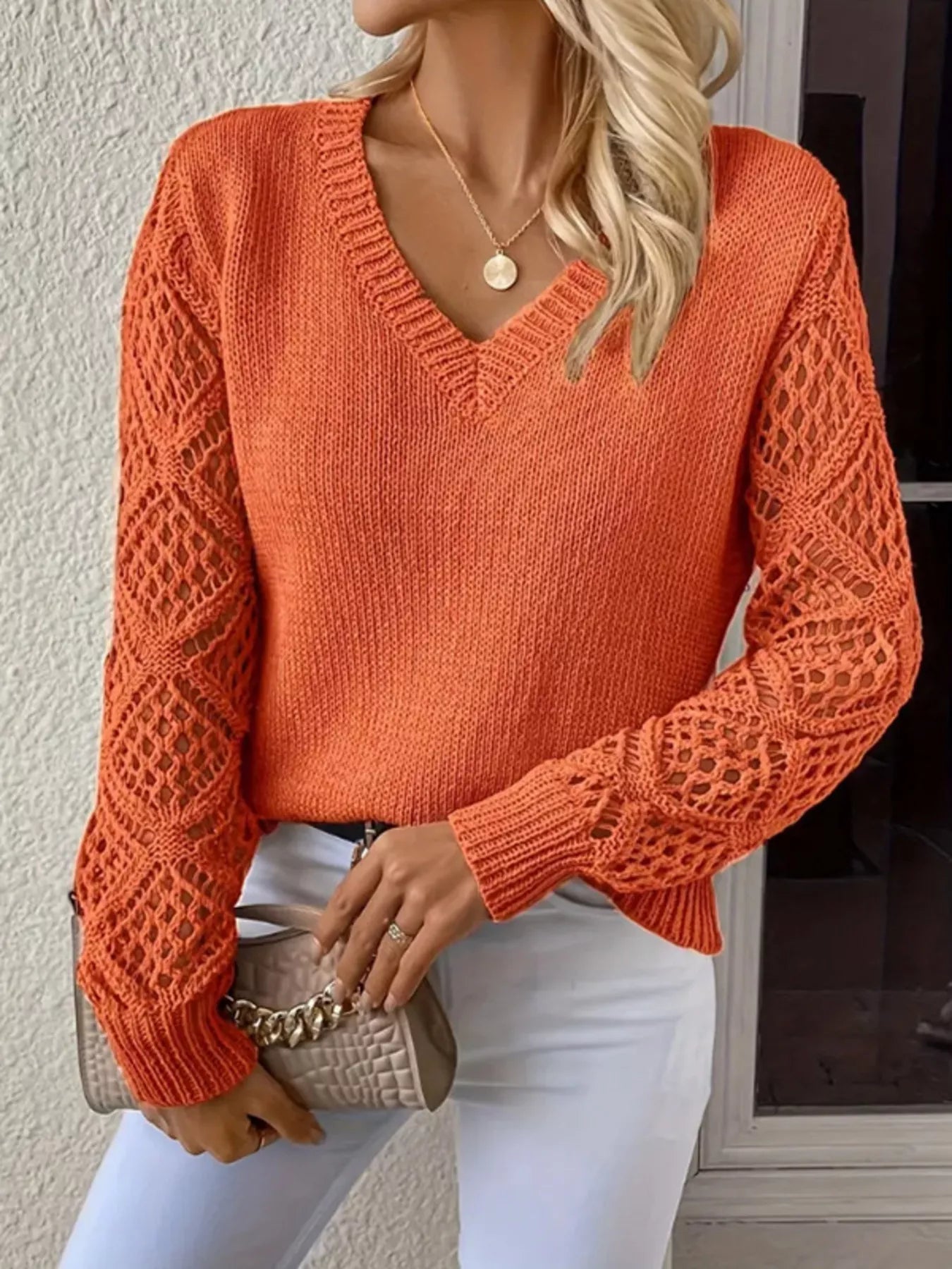Openwork V-Neck Long Sleeve Sweater