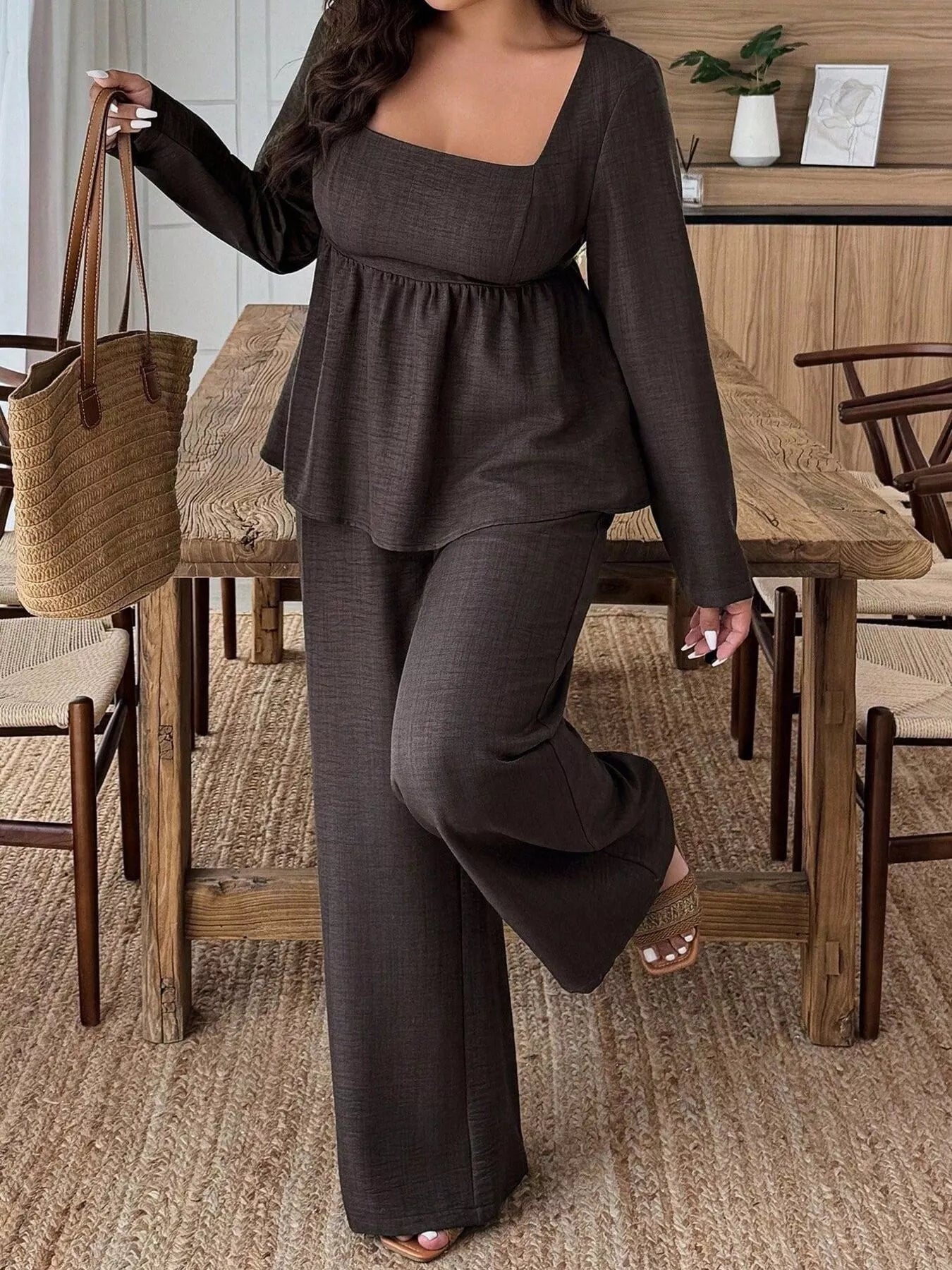 Plus Size Square Neck Long Sleeve Top and Pants Two-Piece Set