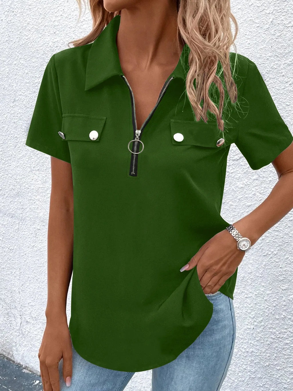 Zip Collar Short Sleeve Top