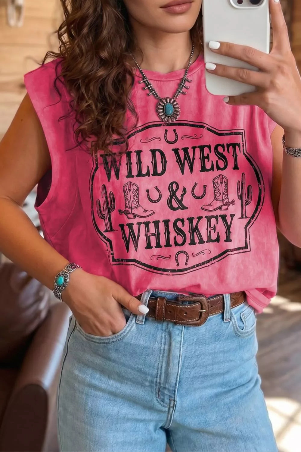 Washed Wild West Whiskey Print Sleeveless Muscle Top
