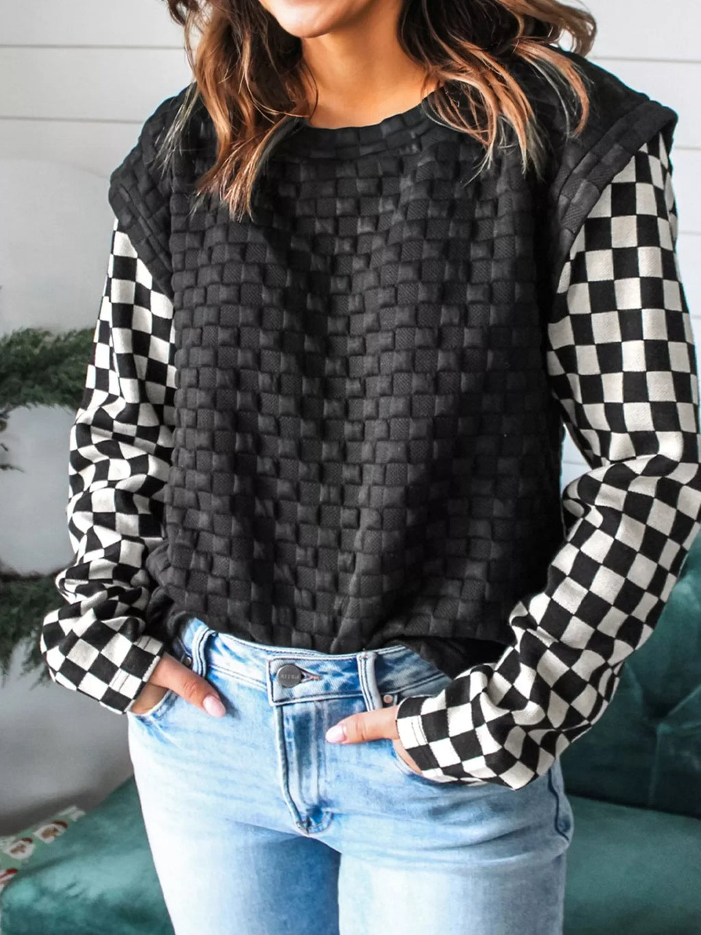 Textured Contrast Checkered Patchwork Long Sleeve Top