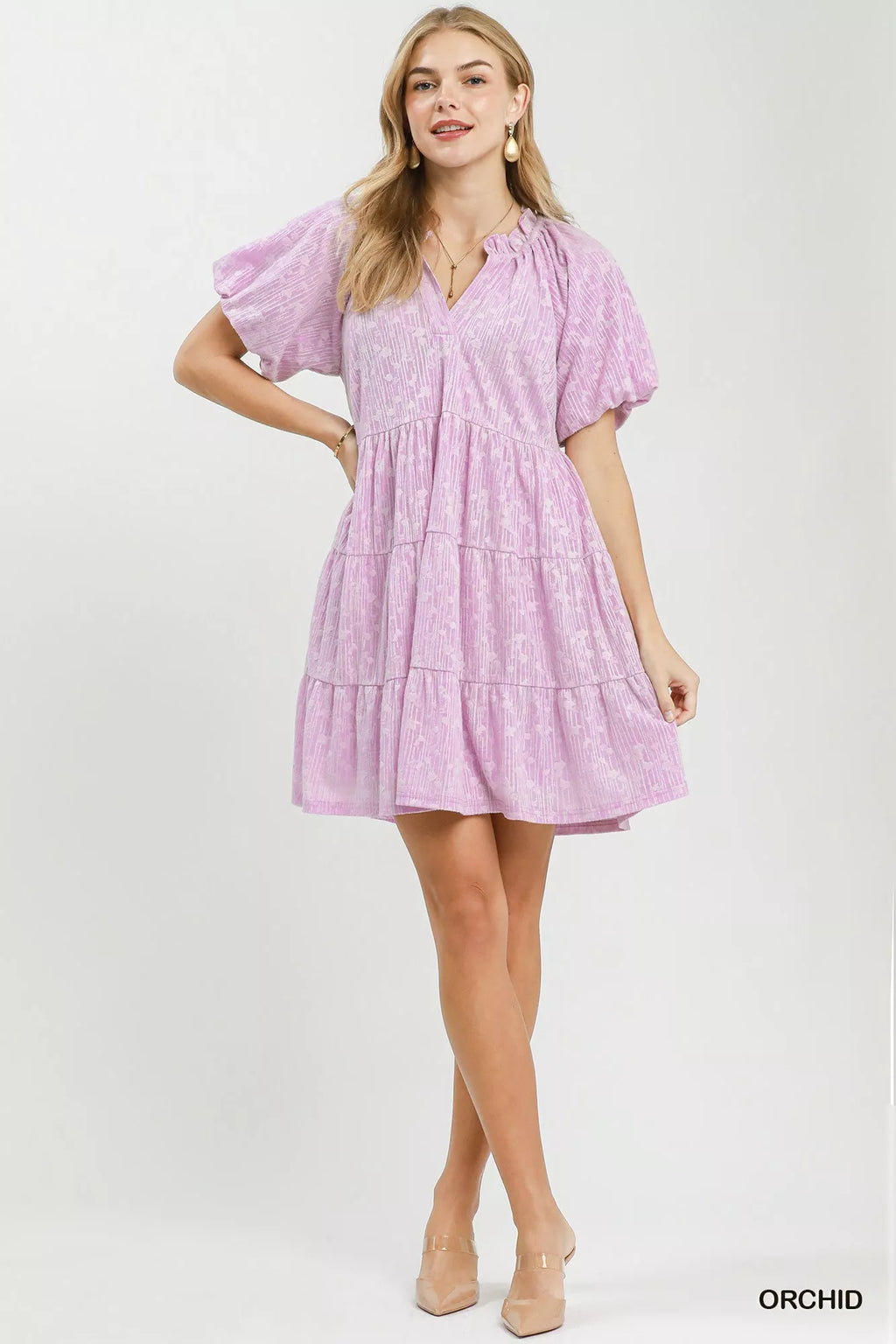 Umgee Jacquard Puff Sleeve Mini Dress