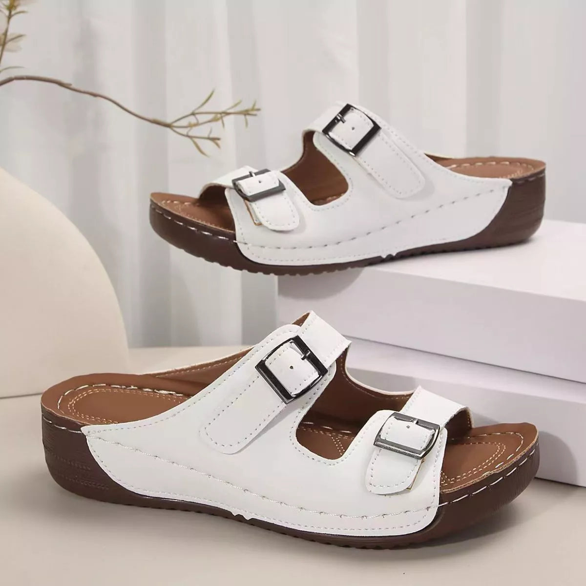 Double Buckle Wedge Sandals