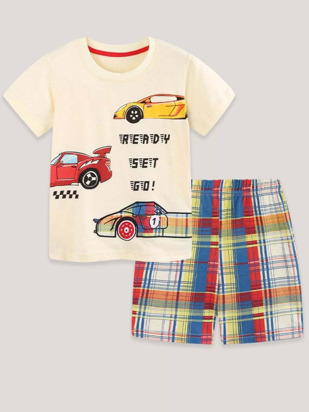 Children's Racing Car Print T-Shirt and Plaid Shorts Set