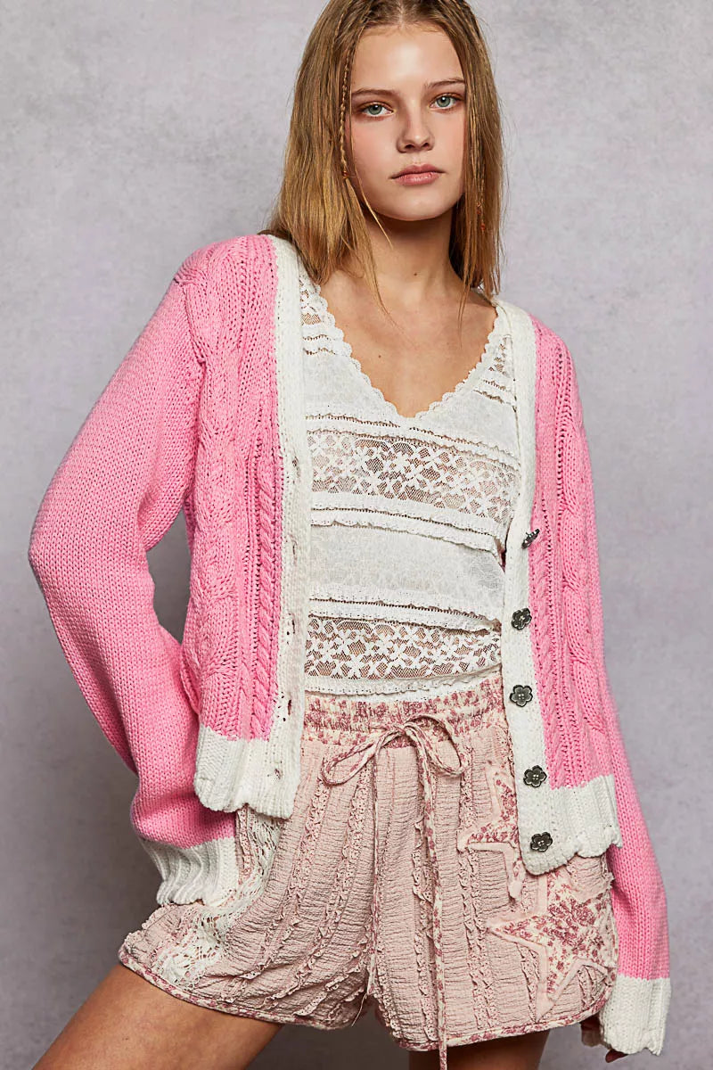 POL Button Down Cable-Knit Cardigan with Contrast Border Accents