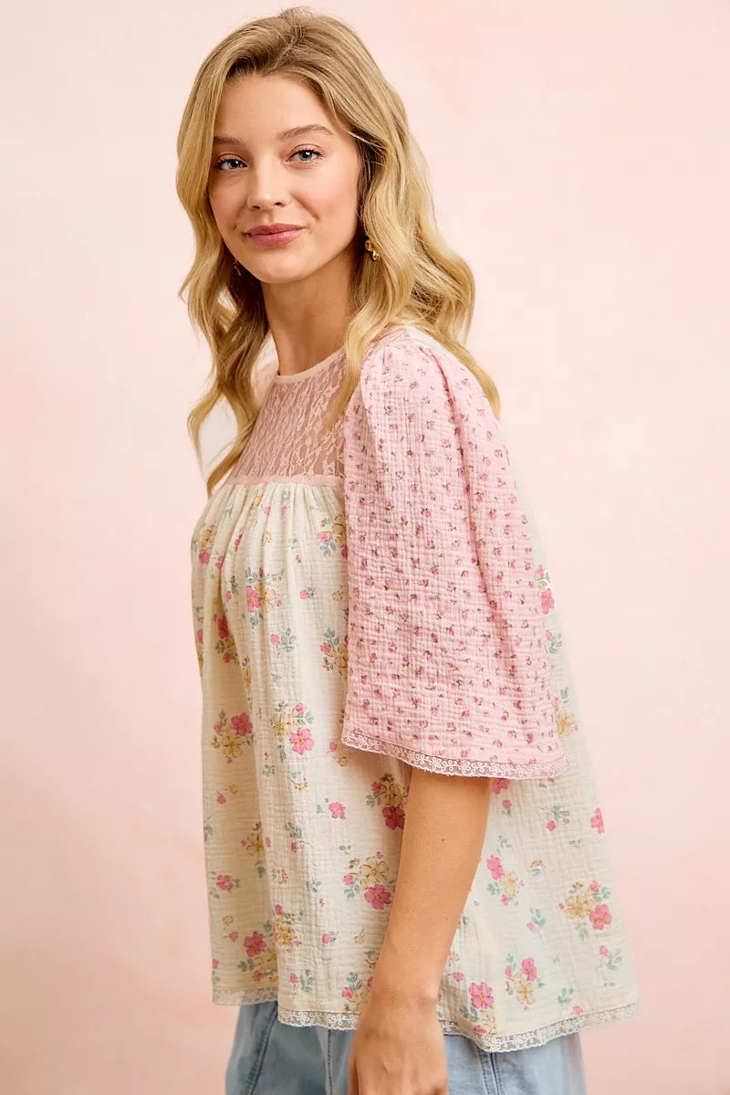 BiBi Crinkle Floral Gauze Mix And Matched Blouse Top