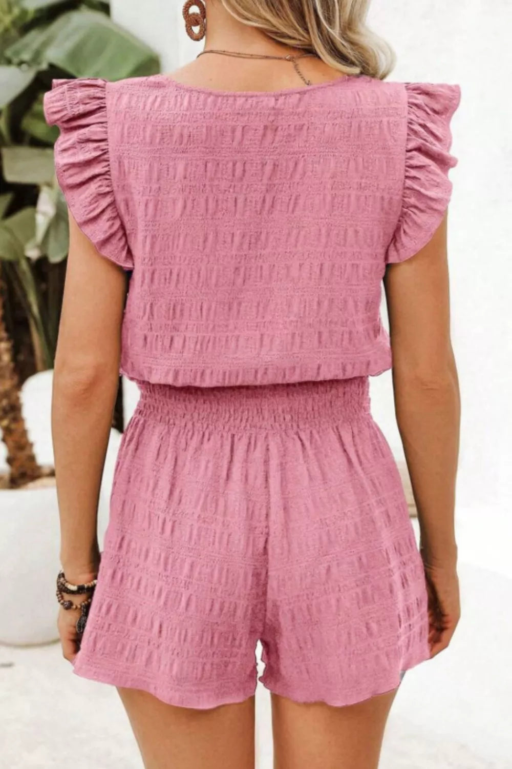 Ruffled Sleeve Textured Top and Shorts Two-Piece Set