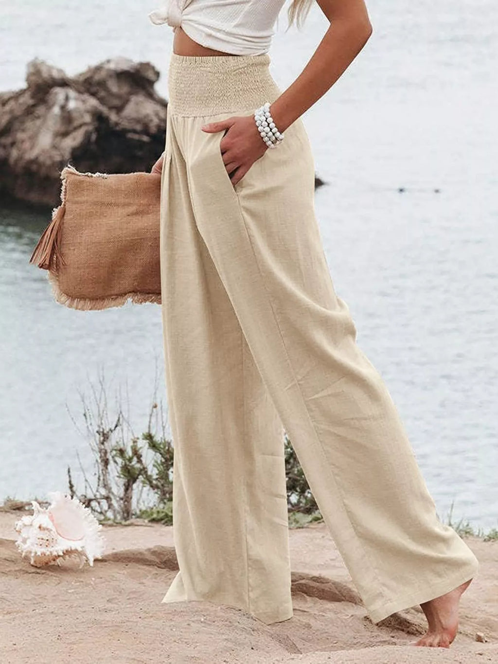 Smocked High Waisted Wide Leg Pants