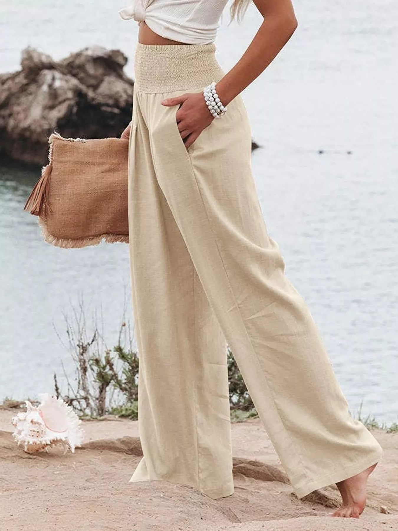 Smocked High Waisted Wide Leg Pants