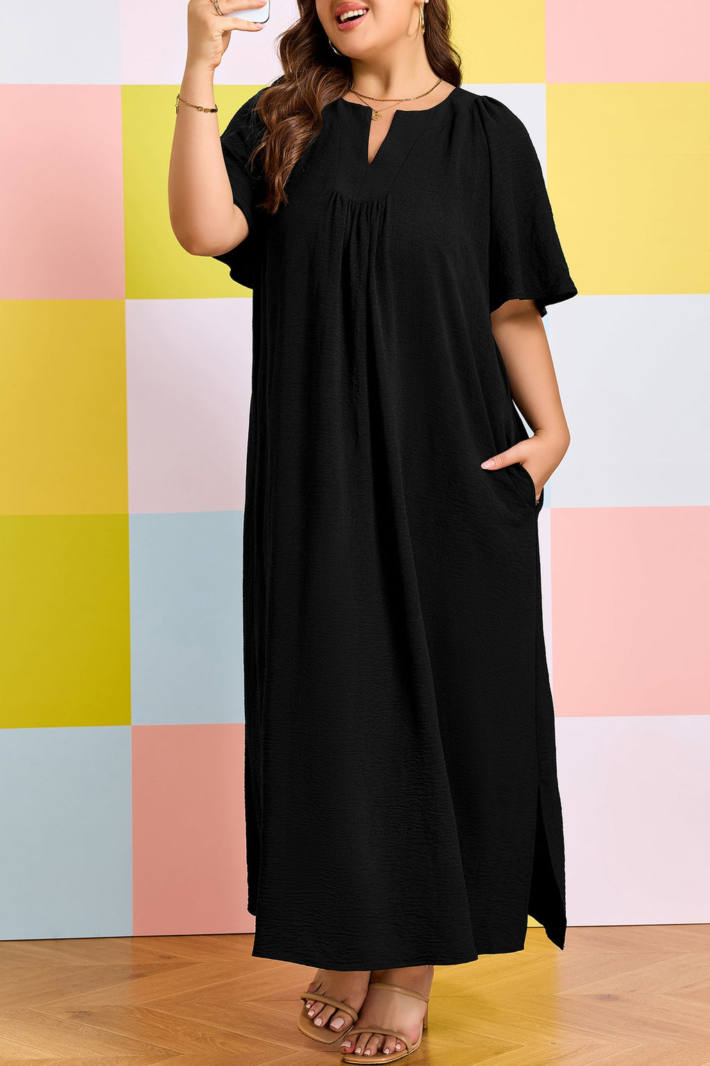 Plus Size Solid Notched Neck Short Sleeve Dress