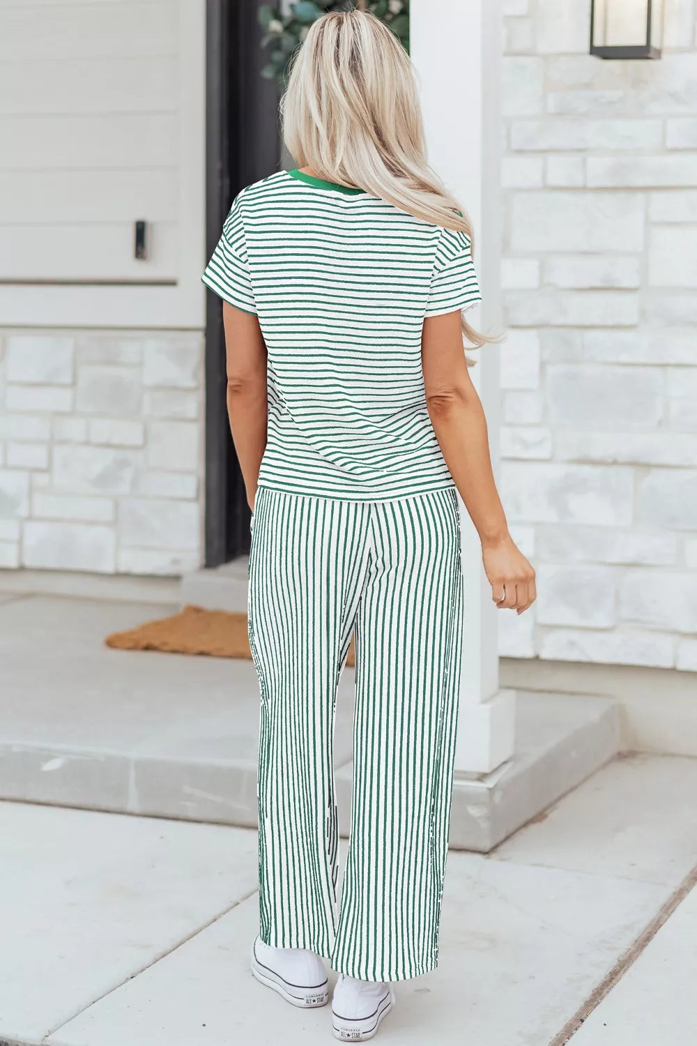 Stripe Crew Neck Tee Drawstring Waist Cropped Pants Set