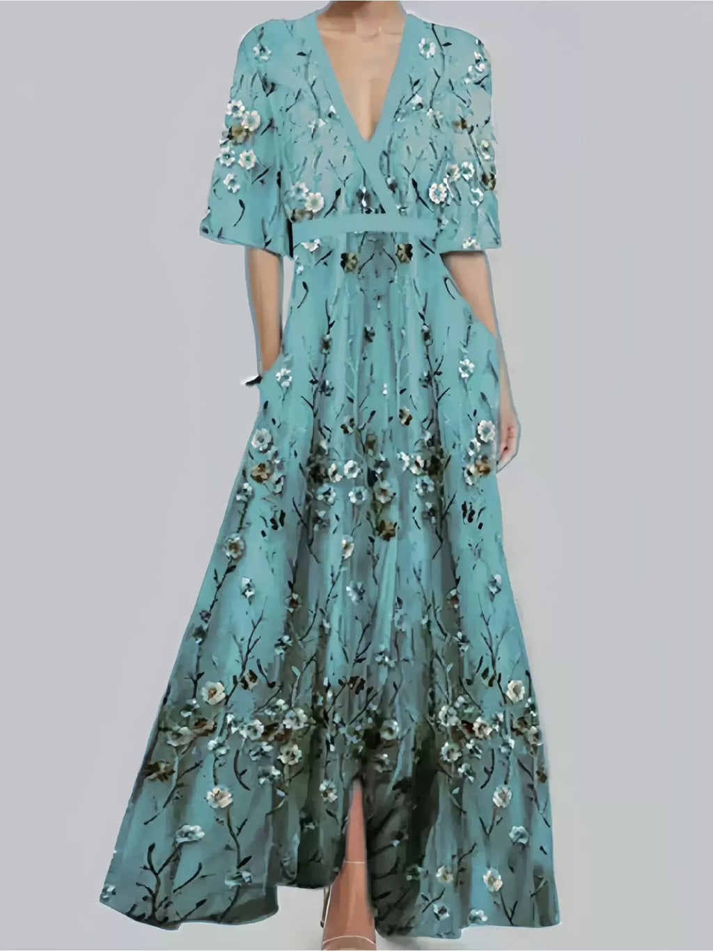 Floral Print Half Sleeve Maxi Dress with Pockets