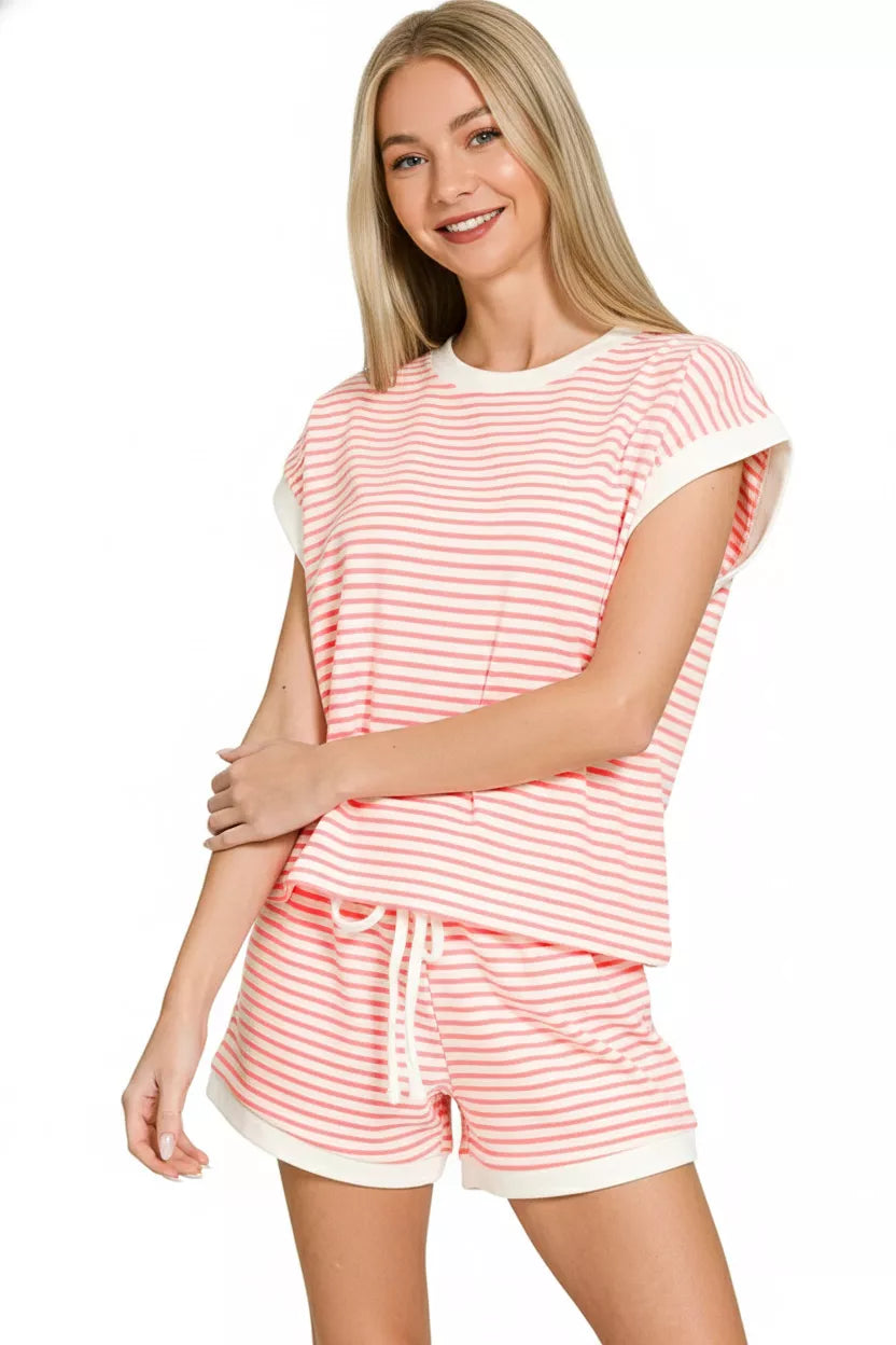 Zenana Stripe Contrast Trim Top & Shorts Set