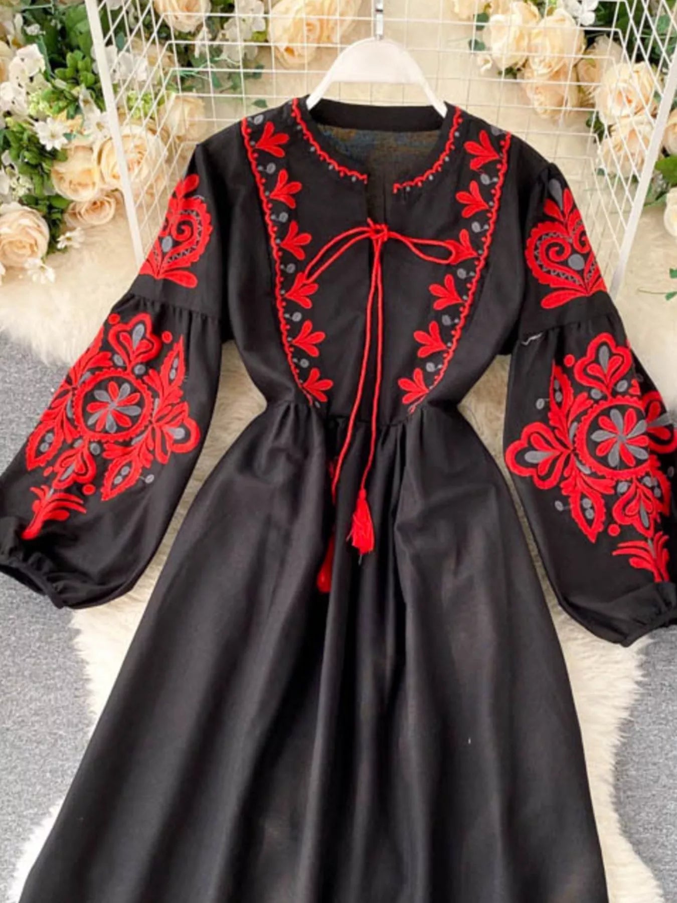 Embroidered Tie Neck Long Sleeve Dress