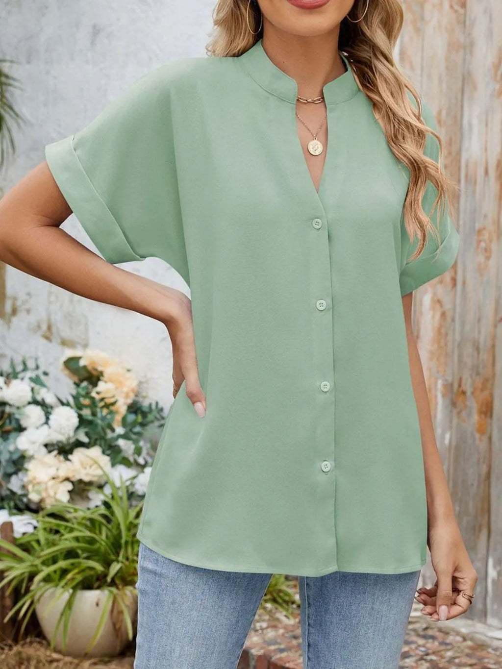 Notched Short Sleeve Blouse