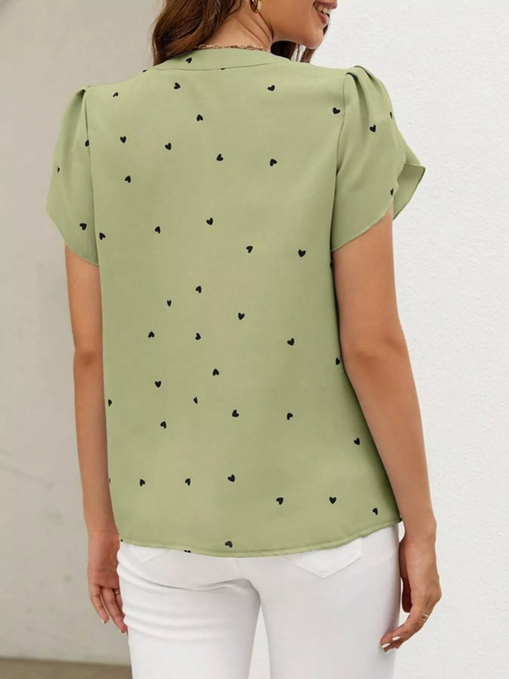 Heart Print Petal Sleeve Blouse