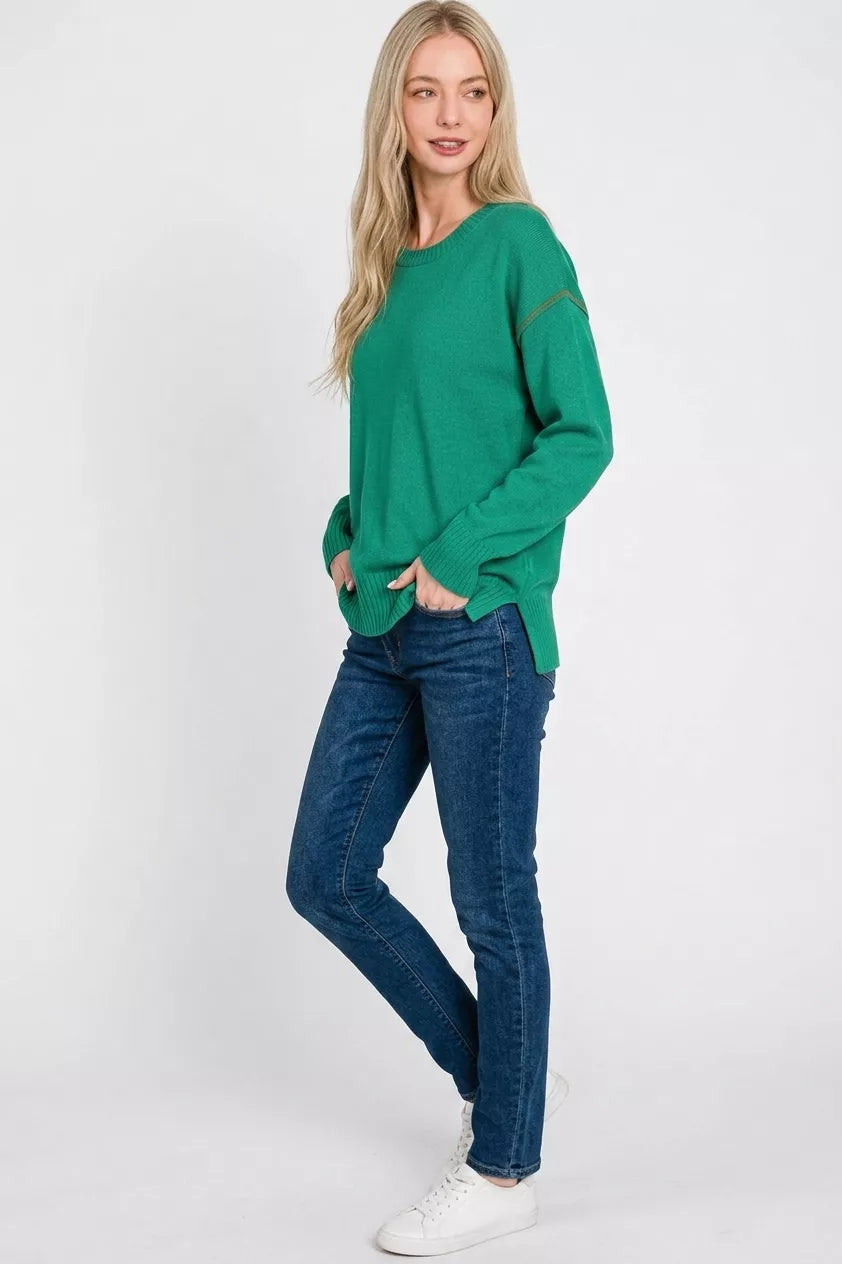 Zenana Round Neck Contrast Trim Sweater