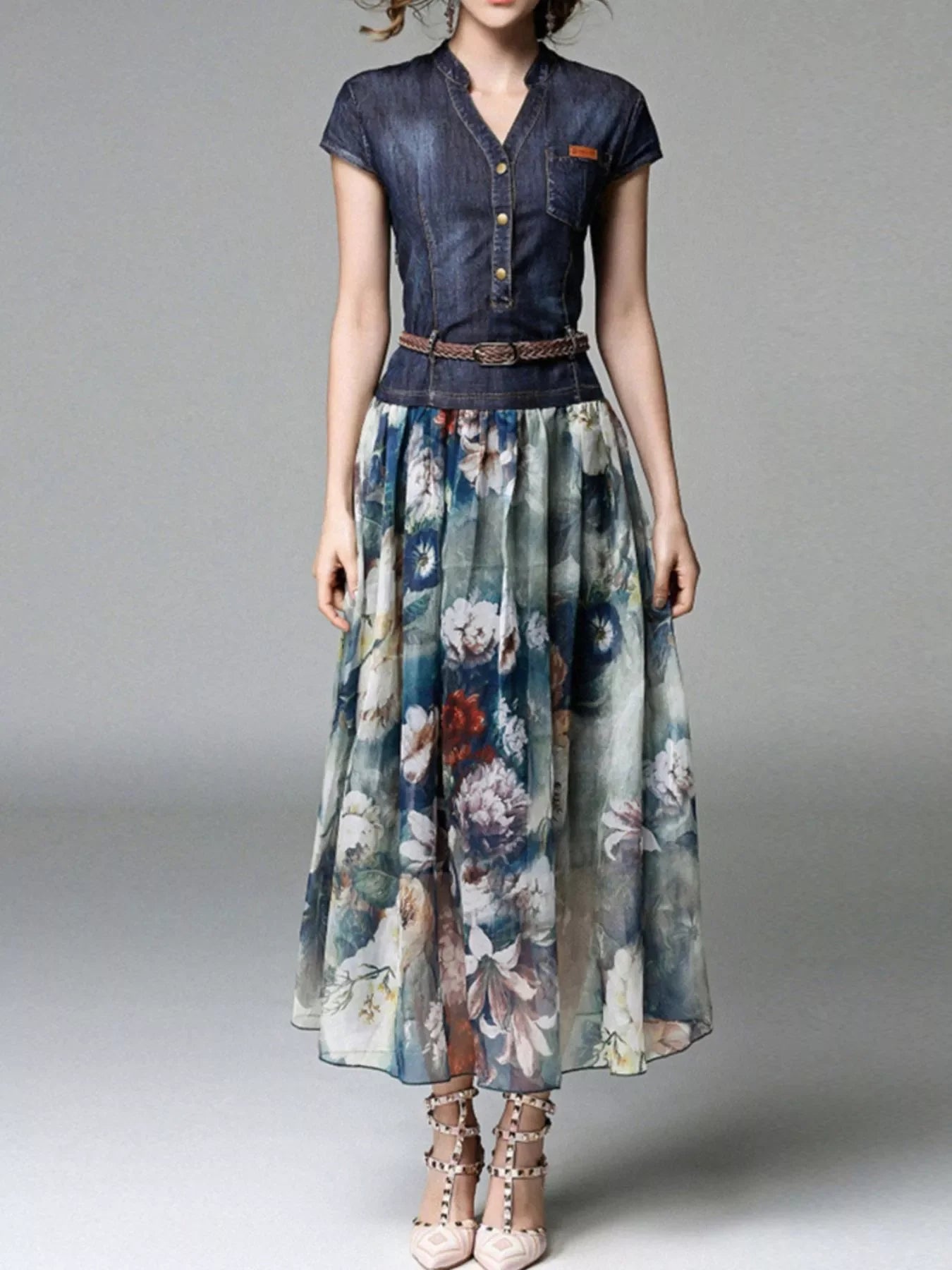 Full Size Patchwork Floral Print Chiffon Dress Plus Size