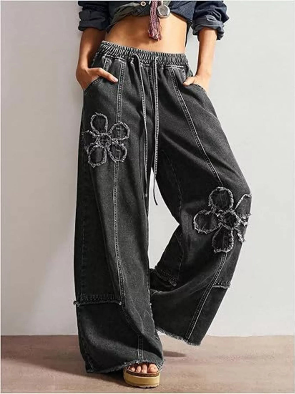Floral Appliques Wide Leg Jeans