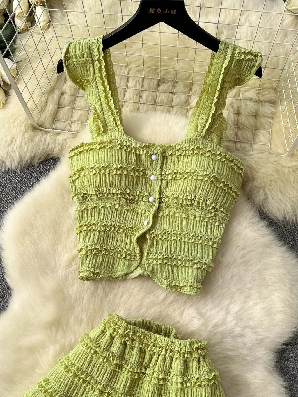 Textured Crop Top and Tiered Skirt Set