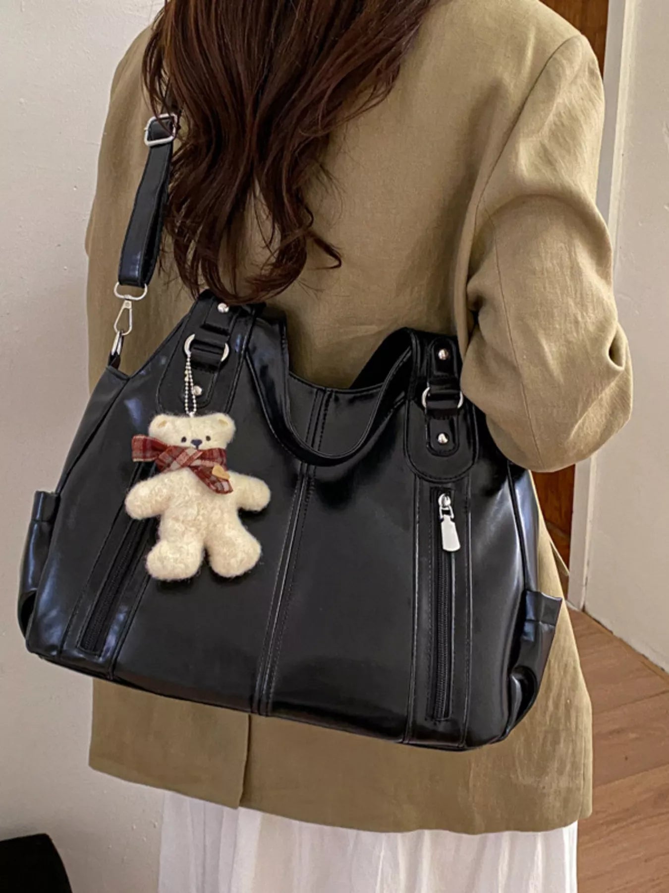 Leather Shoulder Bag with Bear Charm
