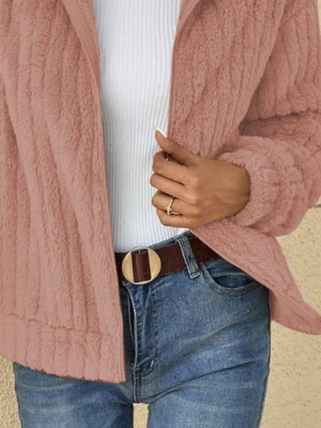 Full Size Zip-Up Long Sleeve Texture Jacket Plus Size