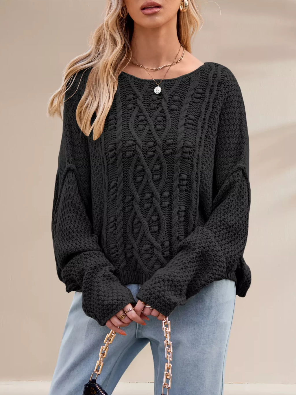 Textured Knit Round Neck Sweater