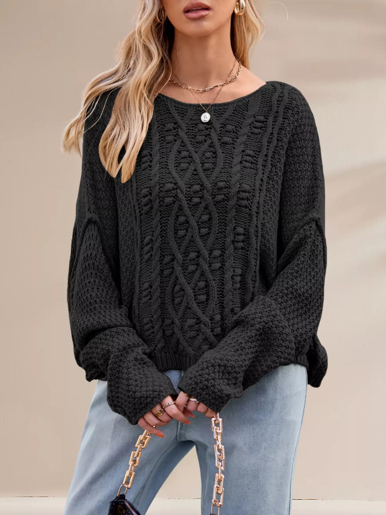 Textured Knit Round Neck Sweater