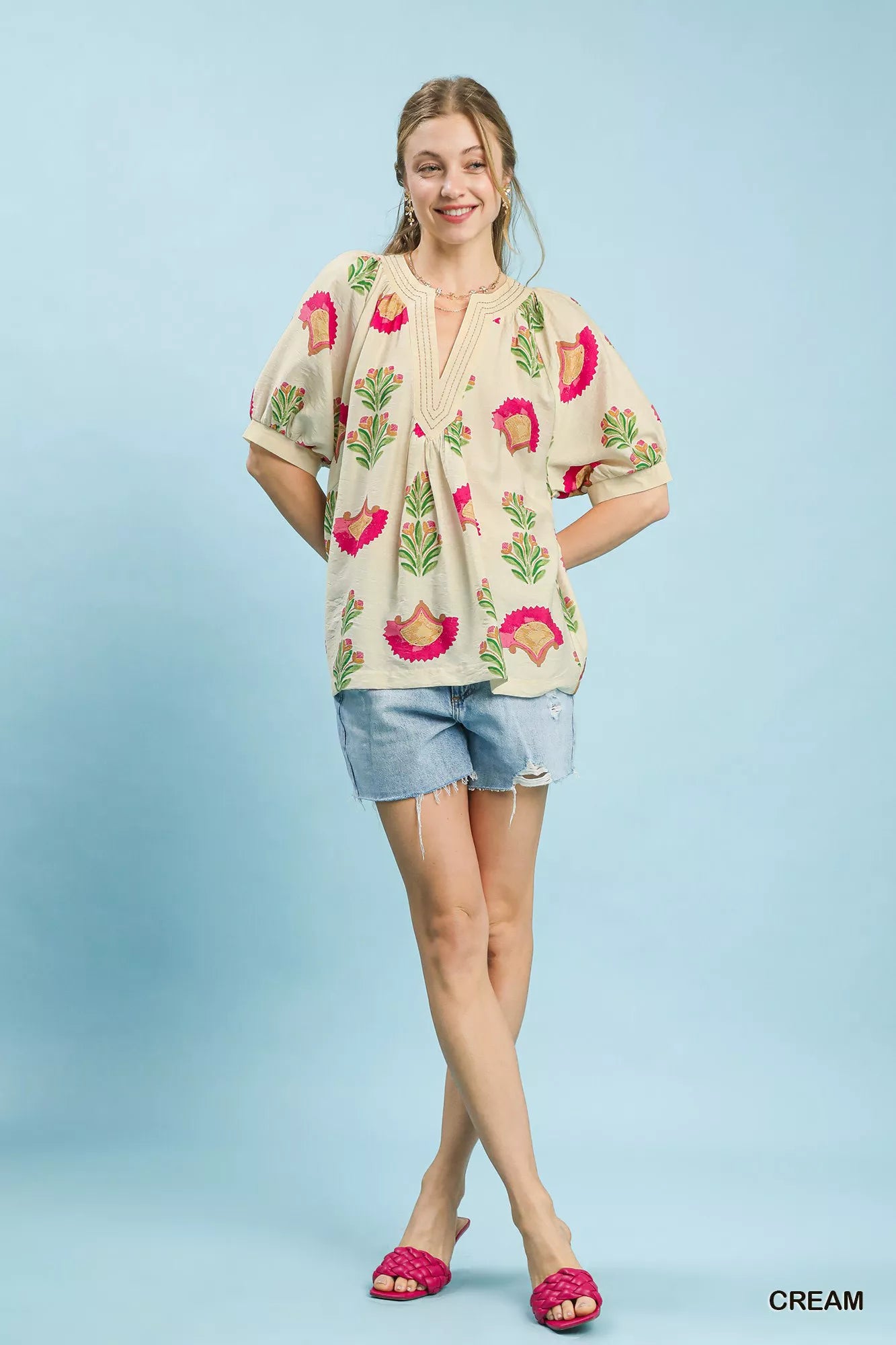 Umgee Abstract Print Blouse with Ruched Detail