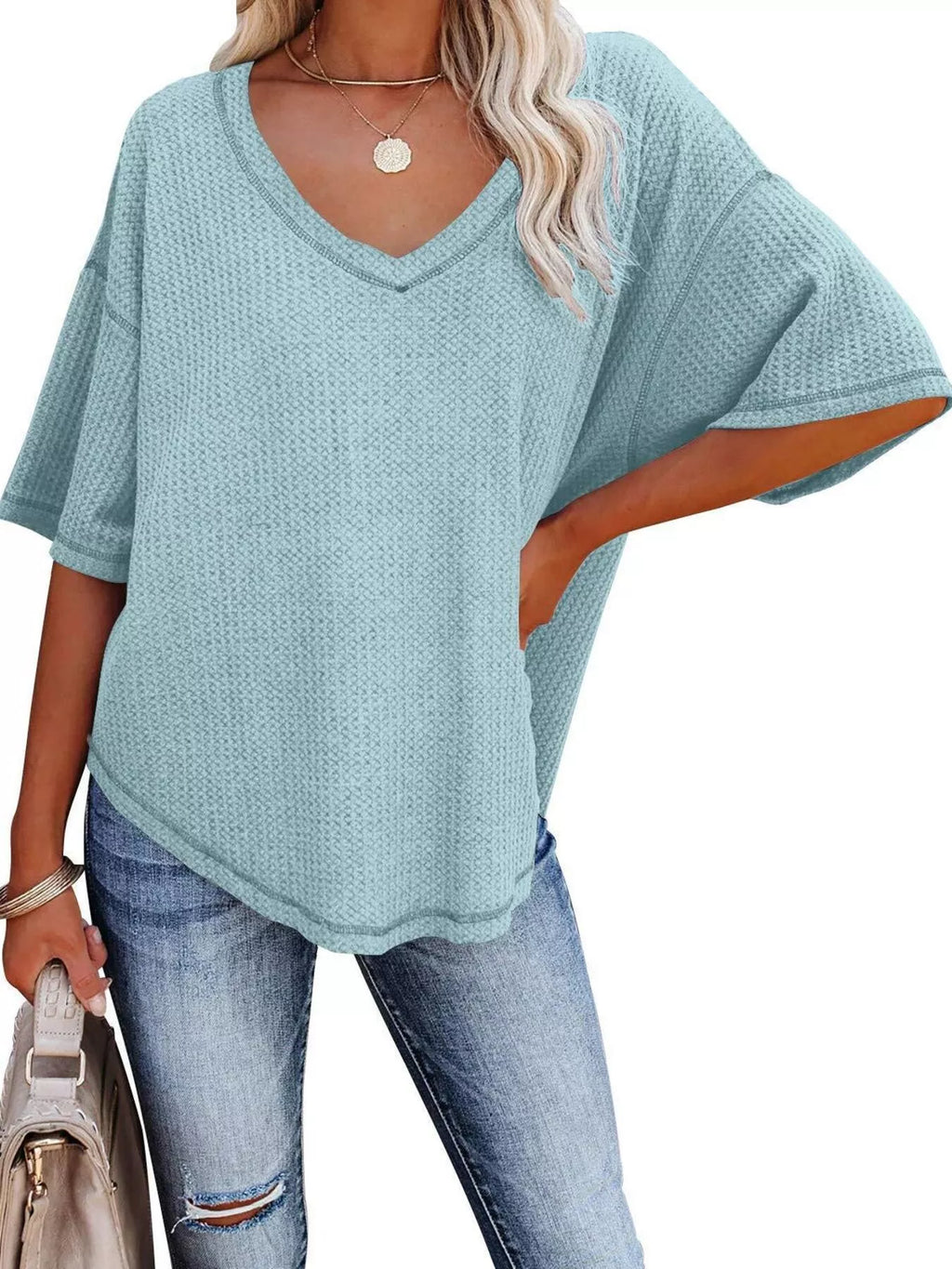 Waffle Knit V-Neck Short Sleeve T-Shirt