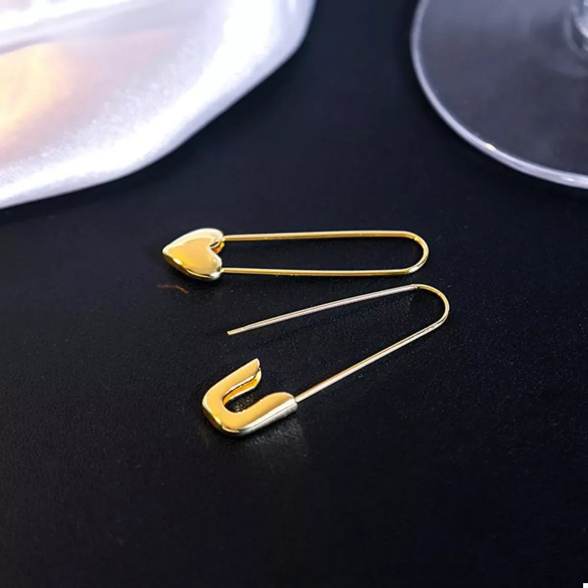 18K Gold-Plated Alloy Heart Safety Pin Drop Earrings