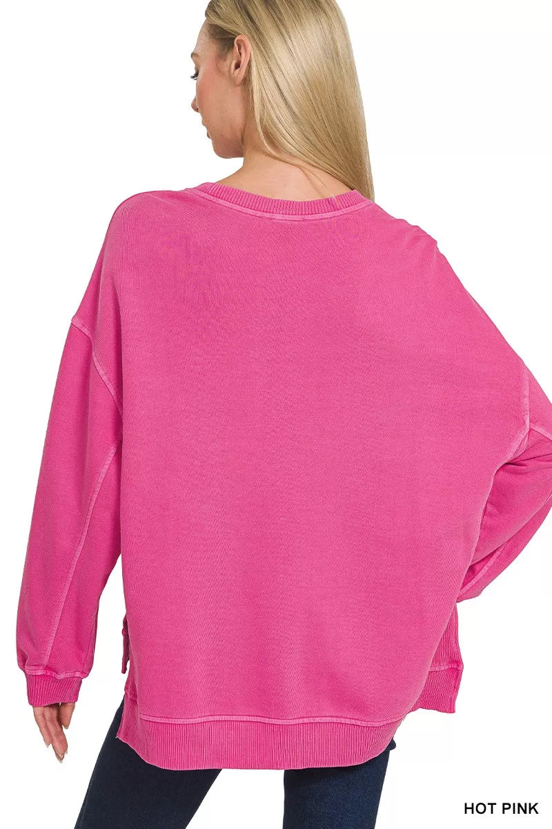 Zenana Full Size French Terry Pigment Dye & Enzyme Washing Pullover Plus Size