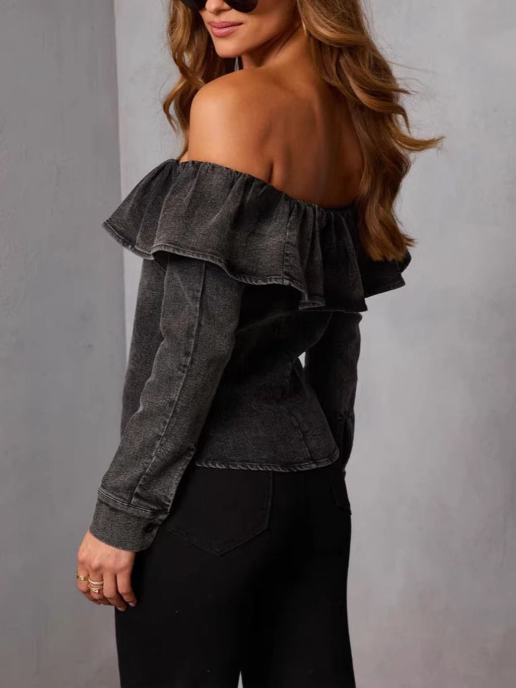 Off-Shoulder Ruffled Denim Top