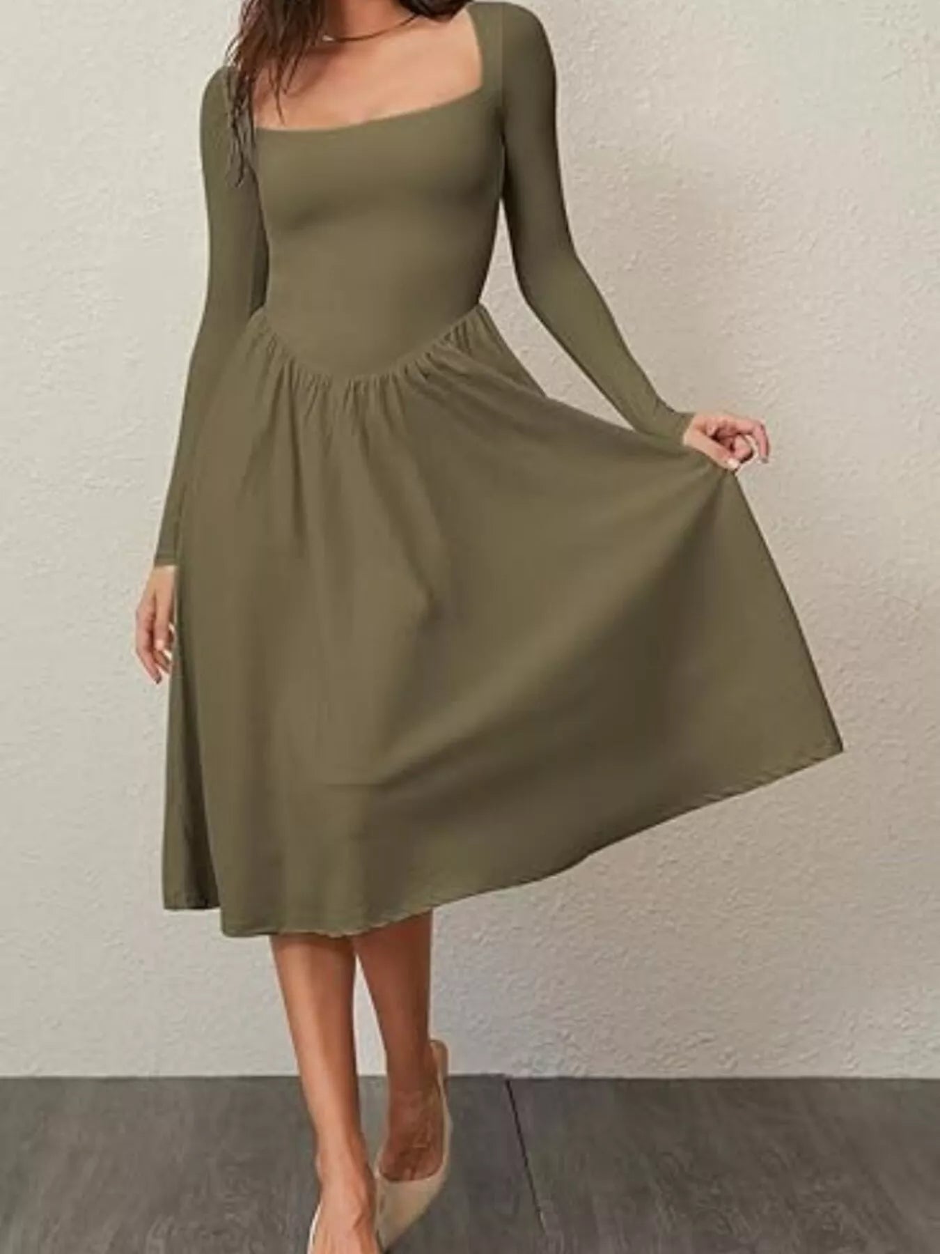 Square Neck Long Sleeve Midi Dress