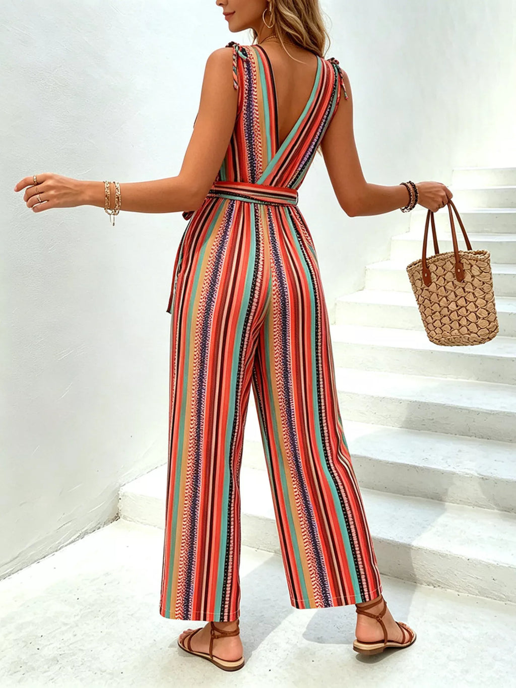 Striped Wide-Leg Jumpsuit with Tie Waist