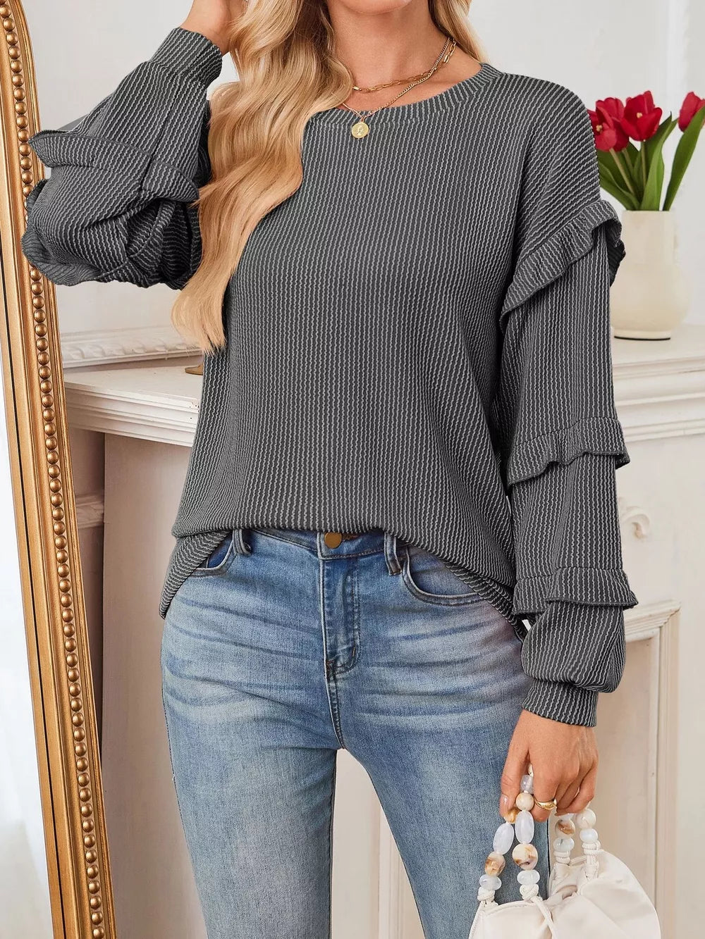 Round Neck Ruffled Long Sleeve Sweatshirt