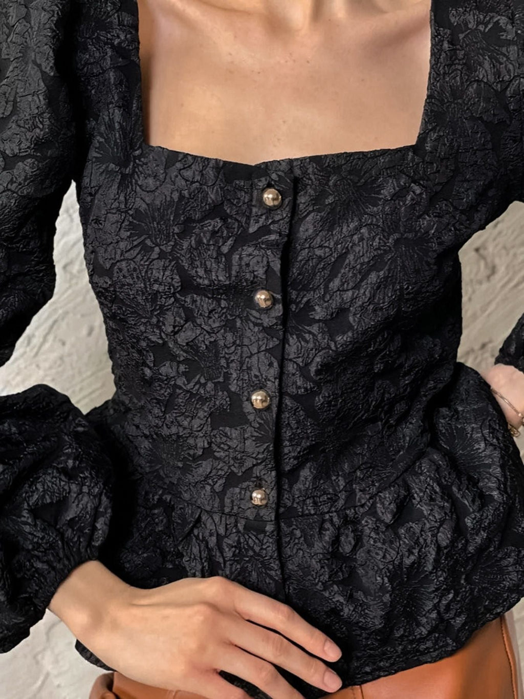 Textured Square Neck Balloon Sleeve Shirt