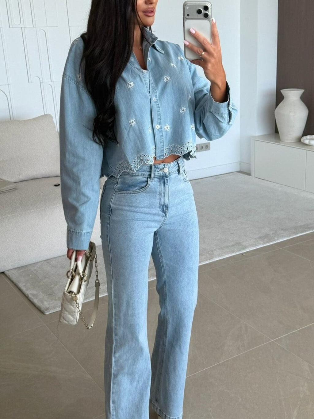 Embroidered Cropped Denim Shirt