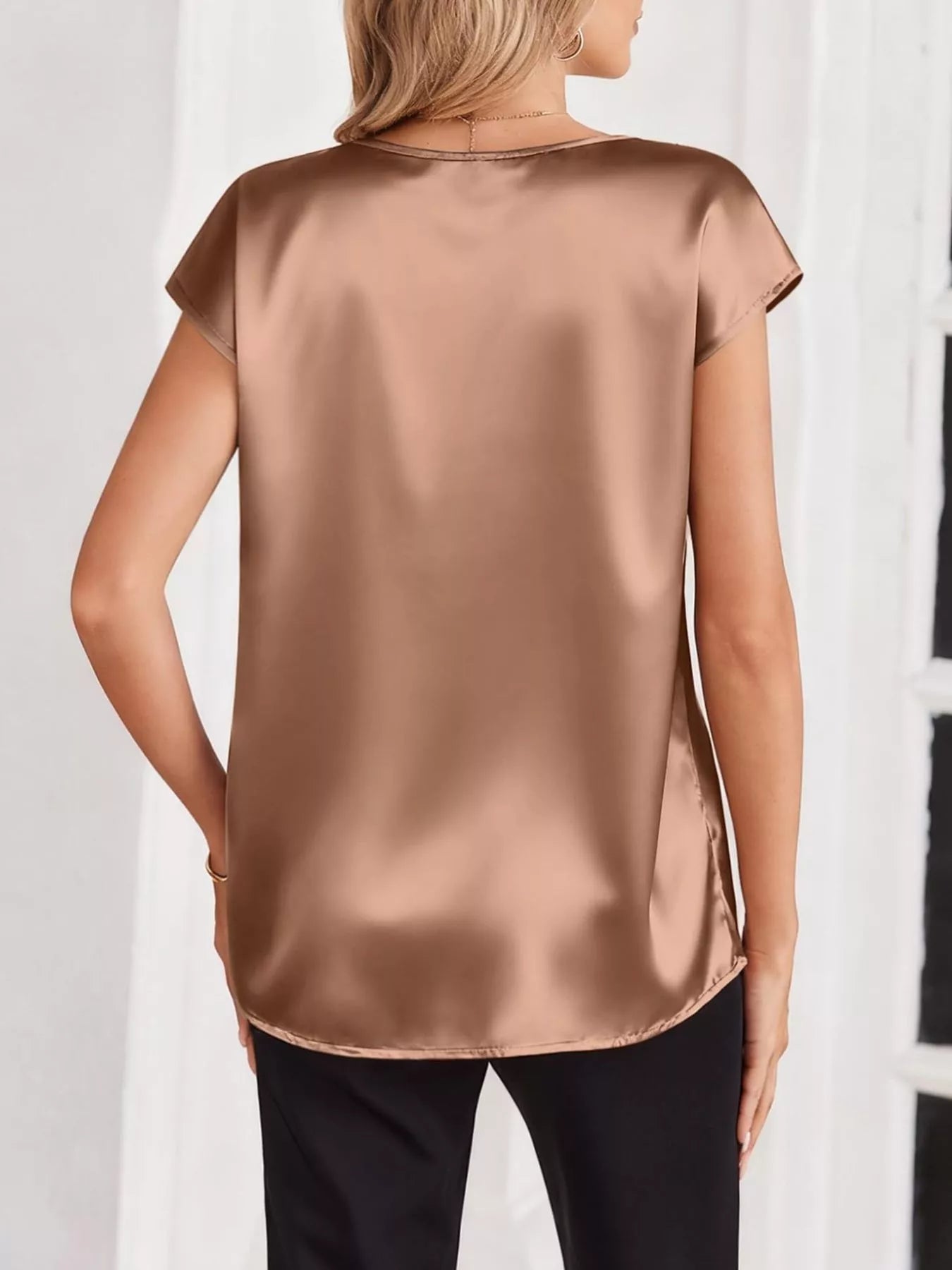 Satin V-Neck Cap Sleeve Blouse
