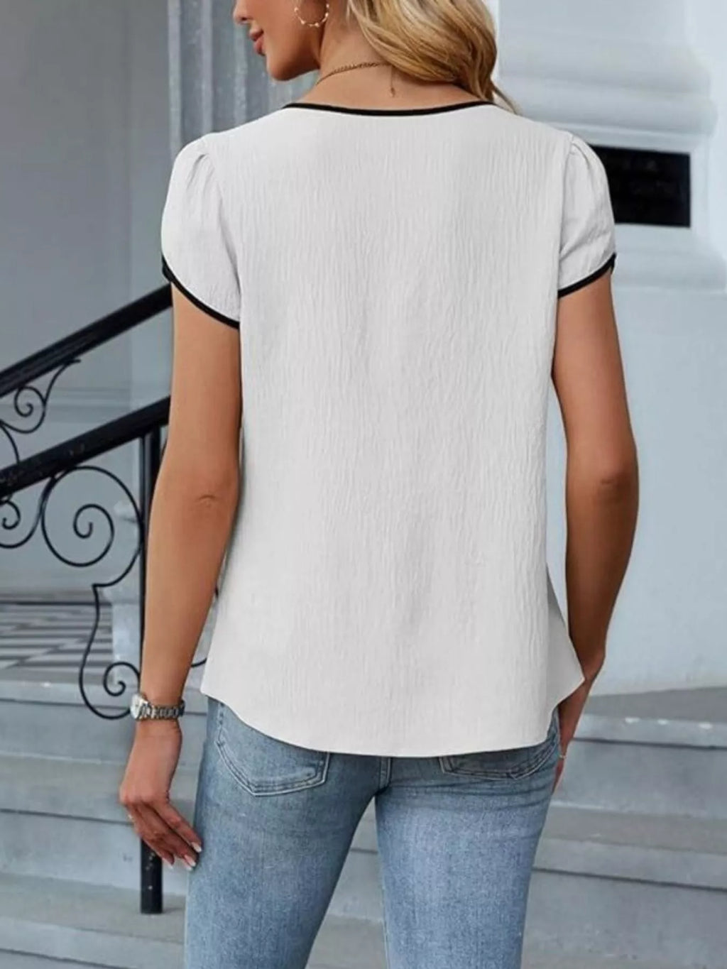 Notched Petal Sleeve Blouse