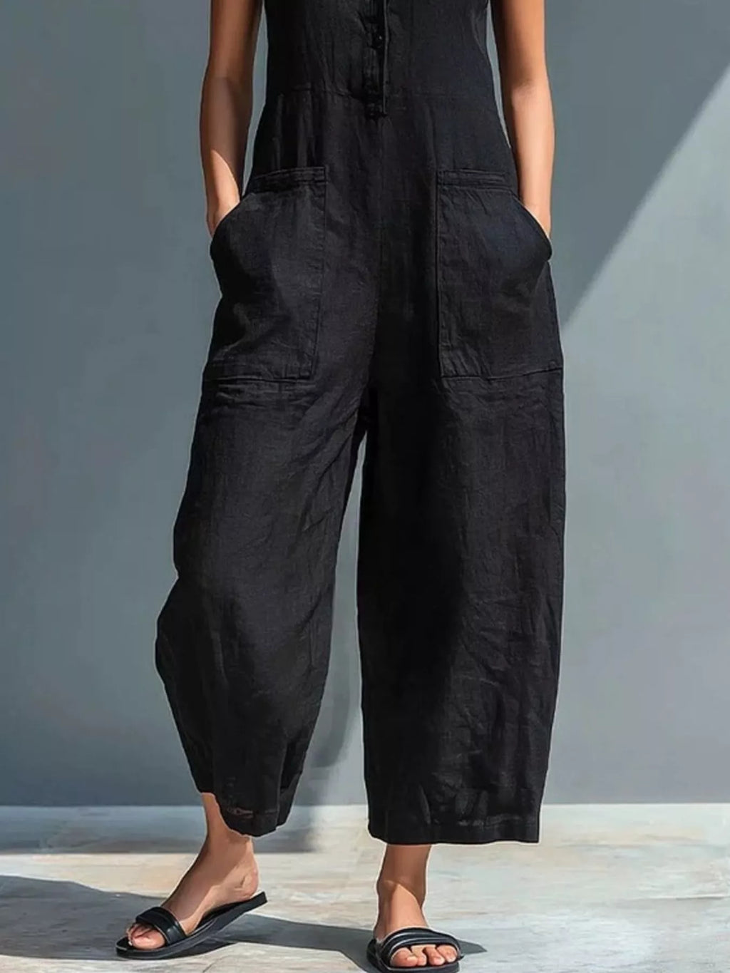 Full Size Button Front Sleeveless Jumpsuit Plus Size