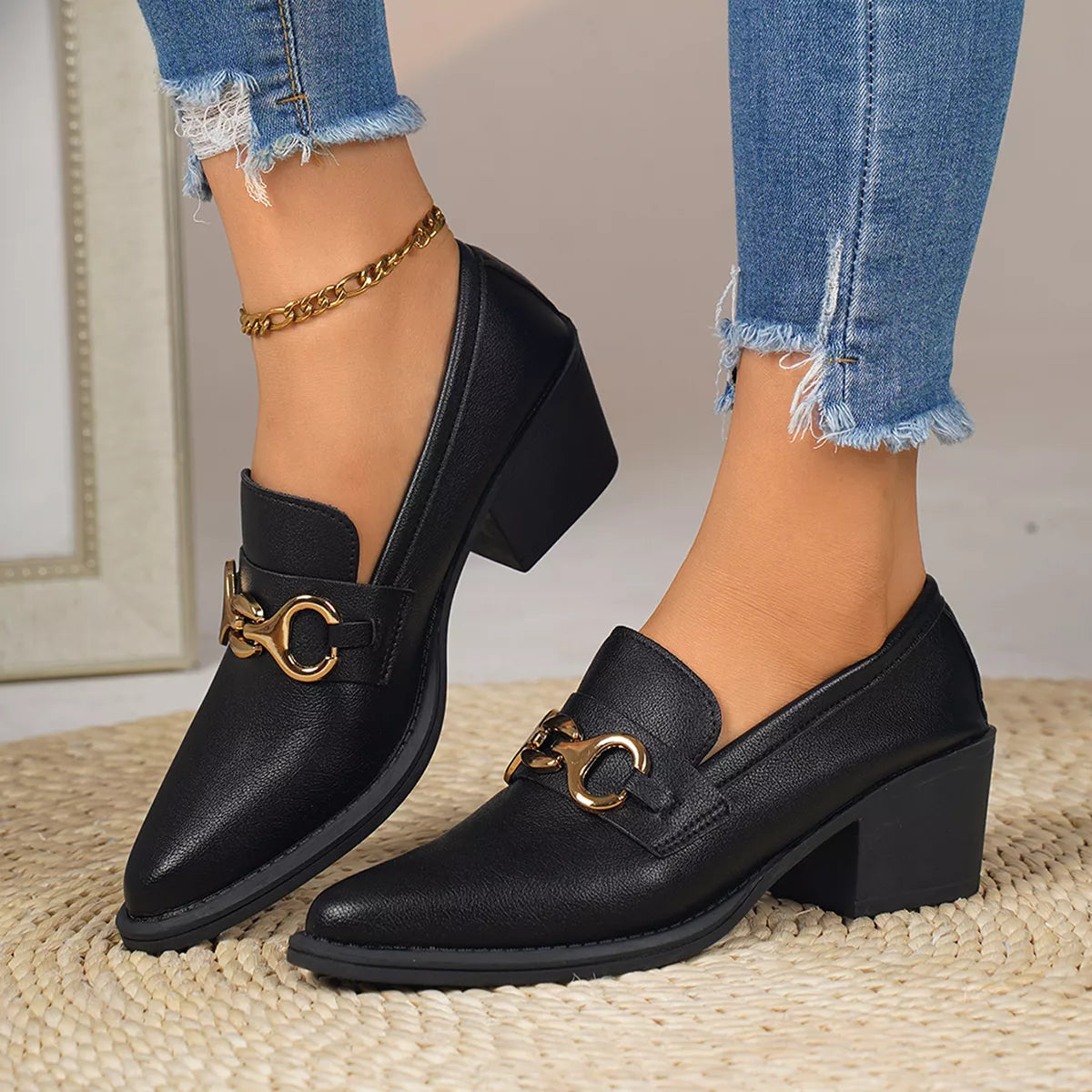 Point Toe Block Heels Loafers